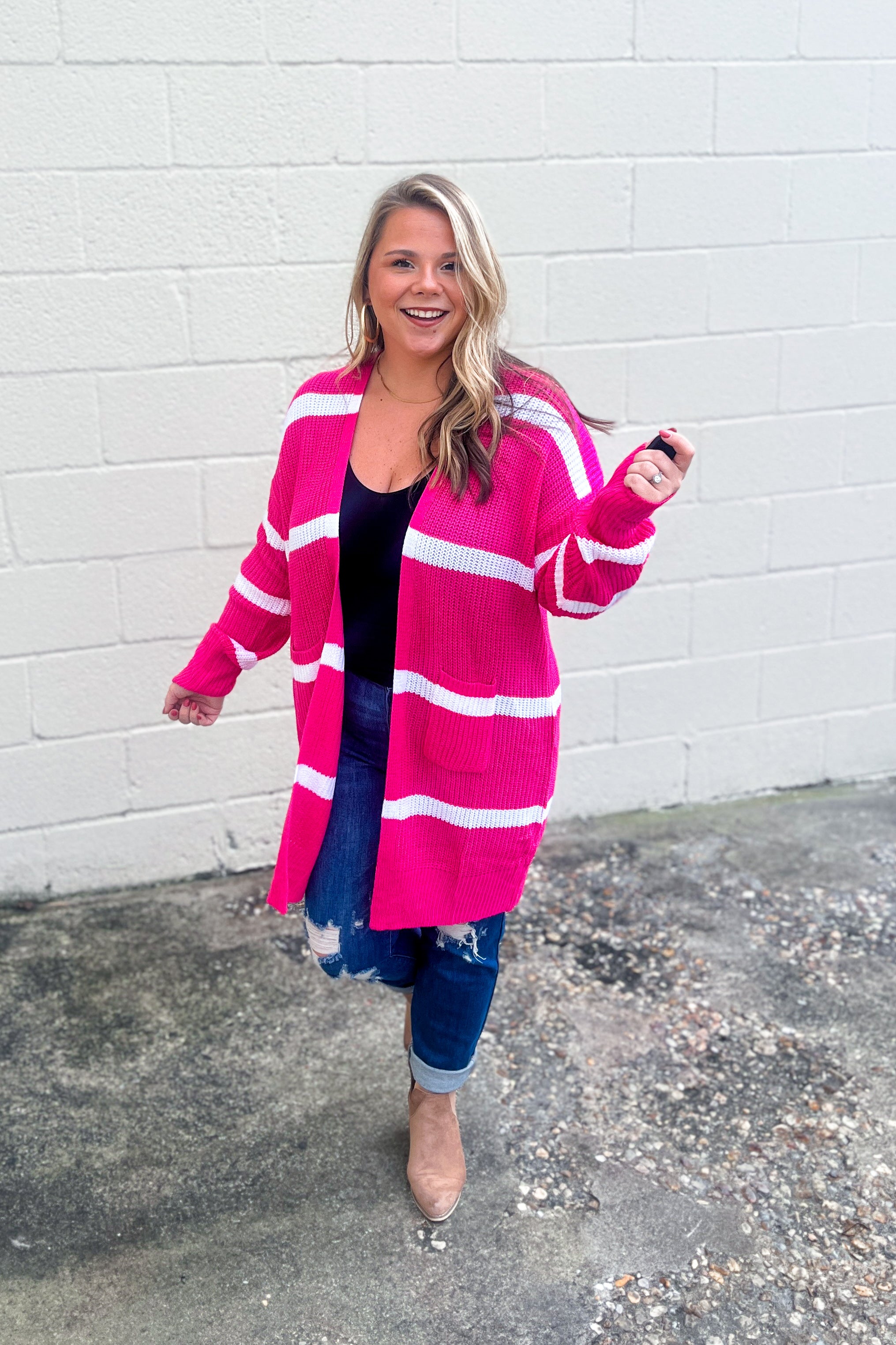 Stay On Track Stripe Cardigan, Fuchsia/White