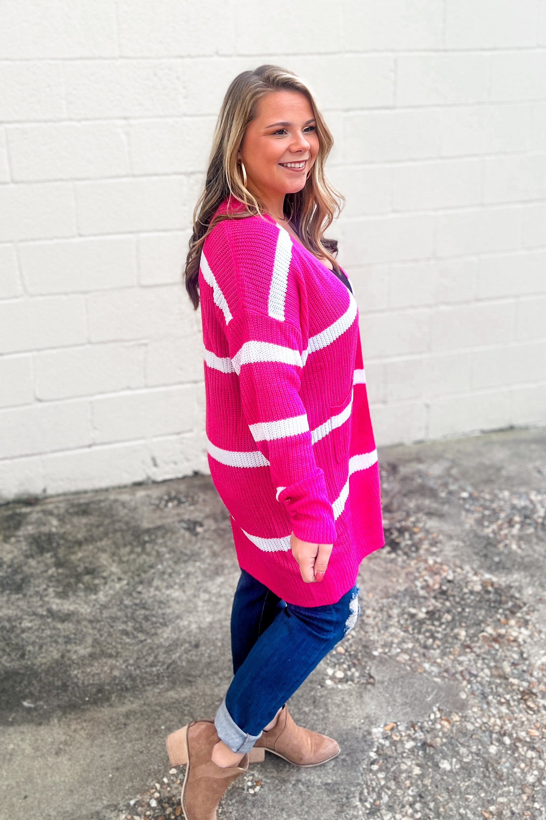 Stay On Track Stripe Cardigan, Fuchsia/White