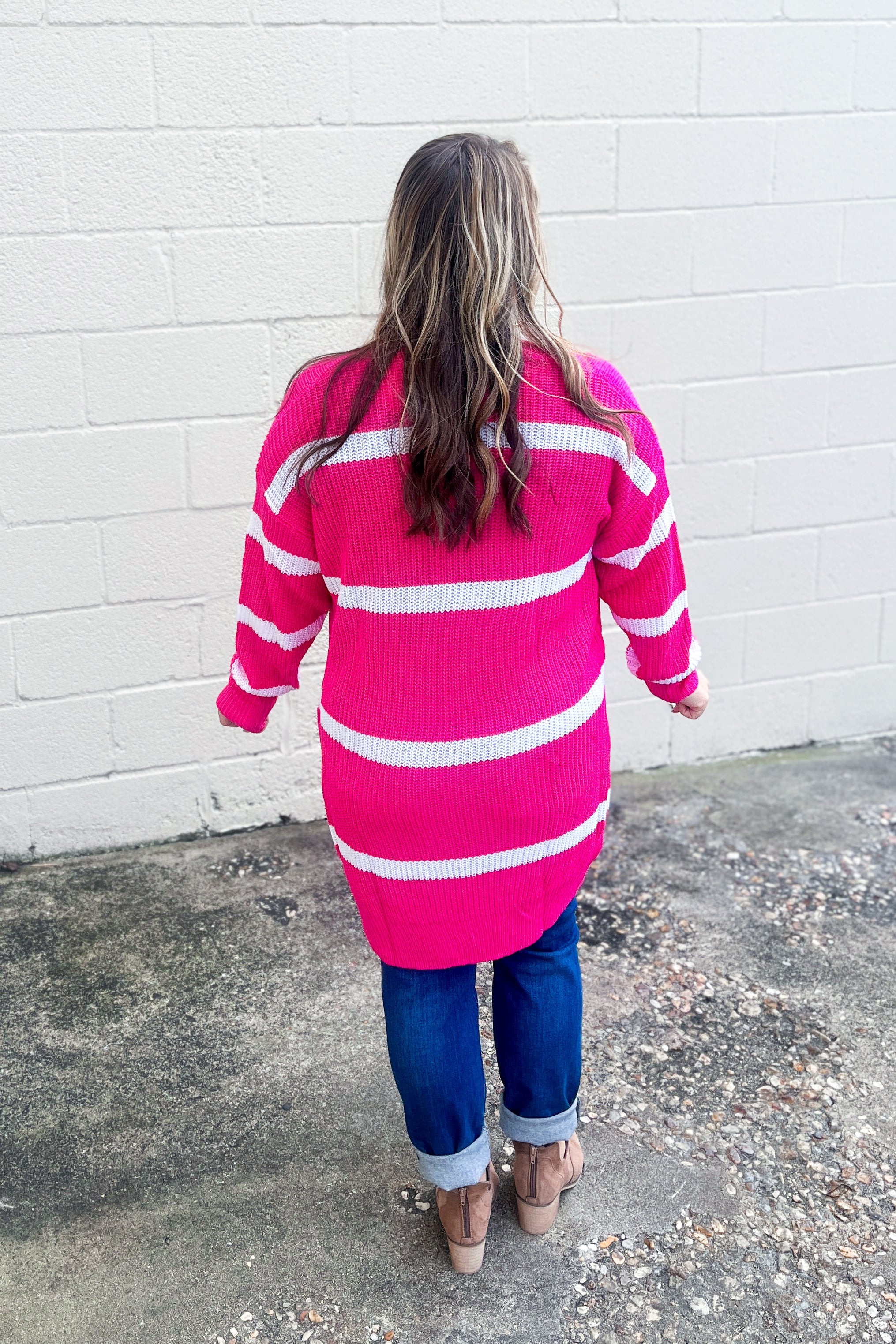 Stay On Track Stripe Cardigan, Fuchsia/White