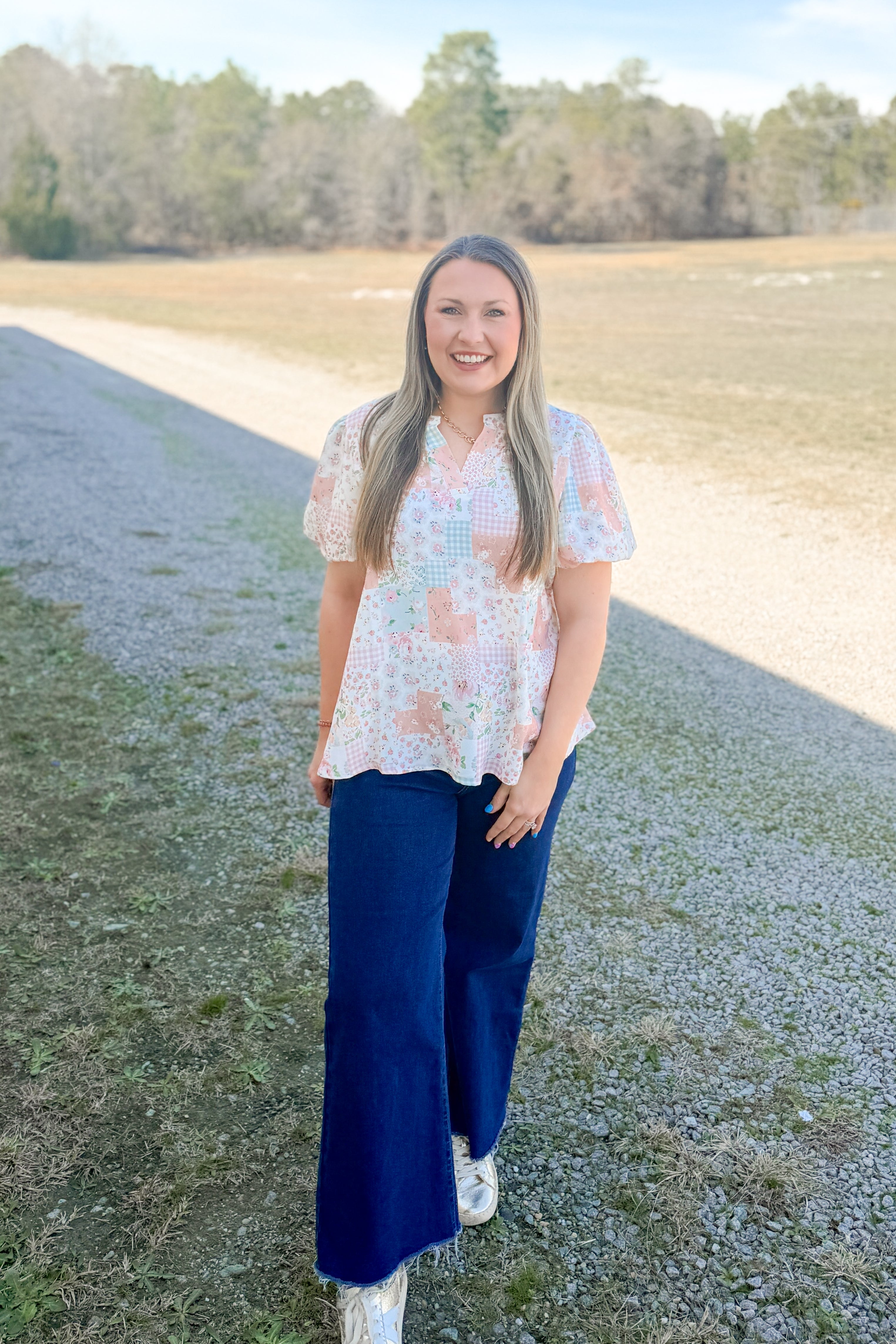 Sweet Cottage Faux Patchwork Blouse Top