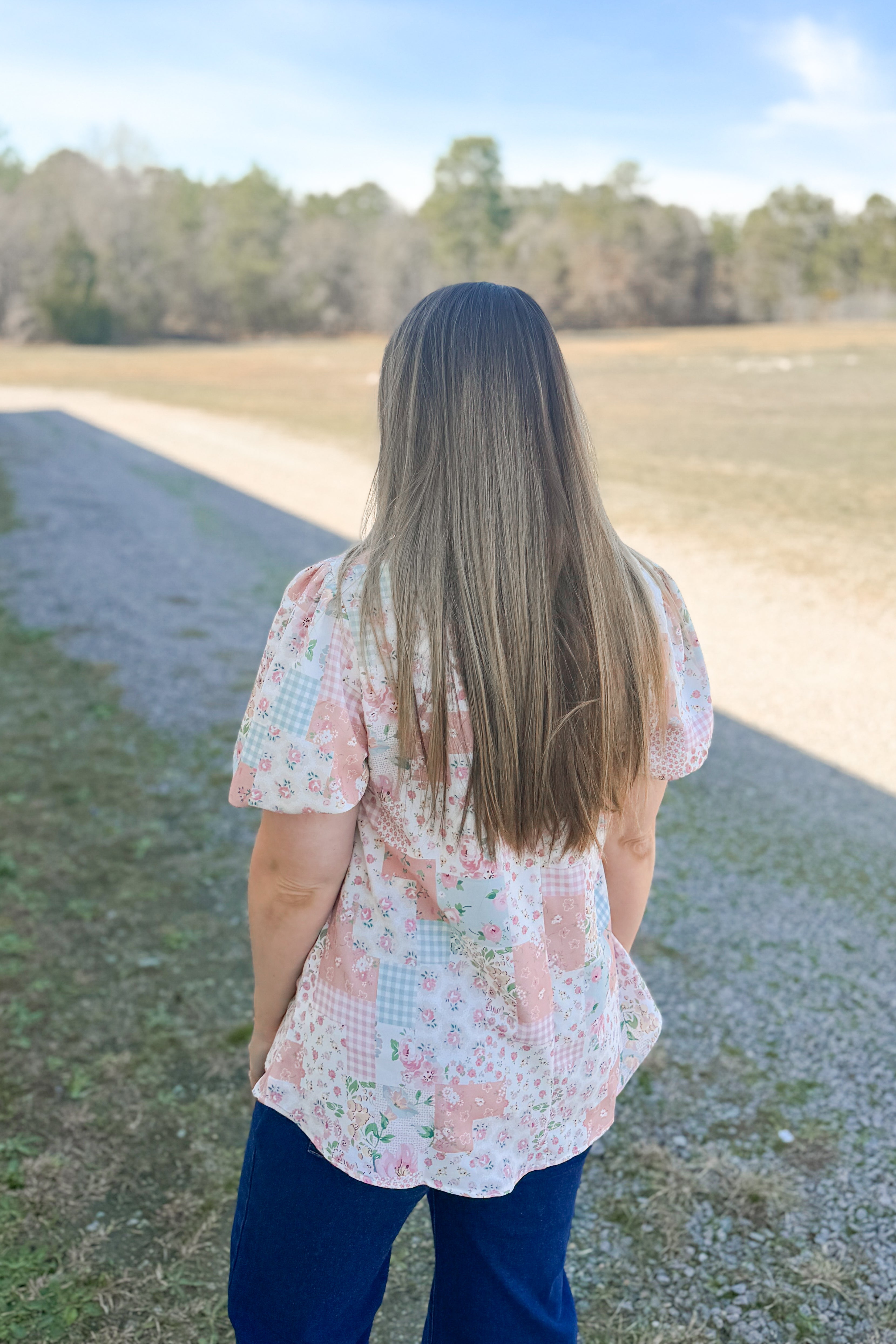 Sweet Cottage Faux Patchwork Blouse Top