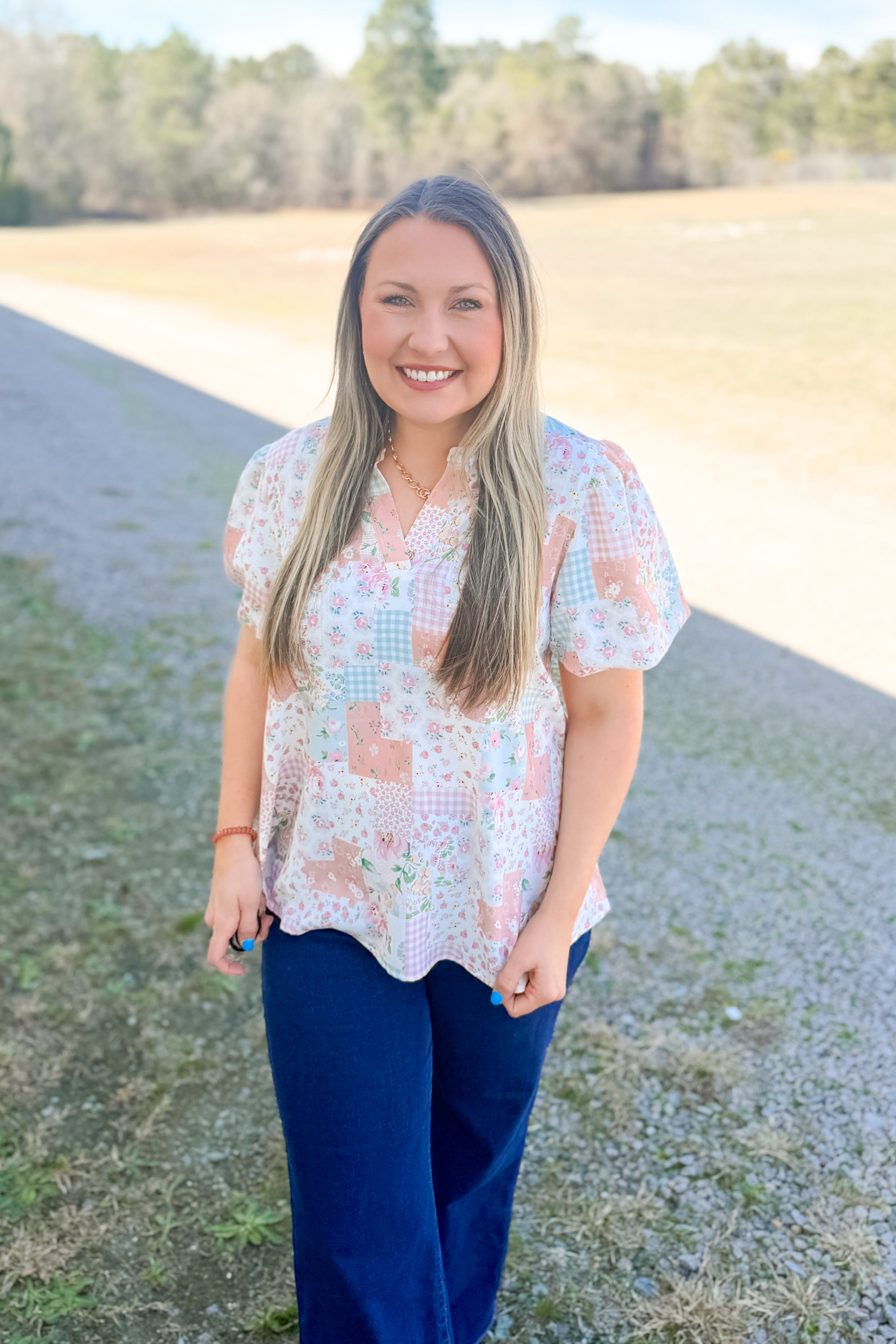 Sweet Cottage Faux Patchwork Blouse Top