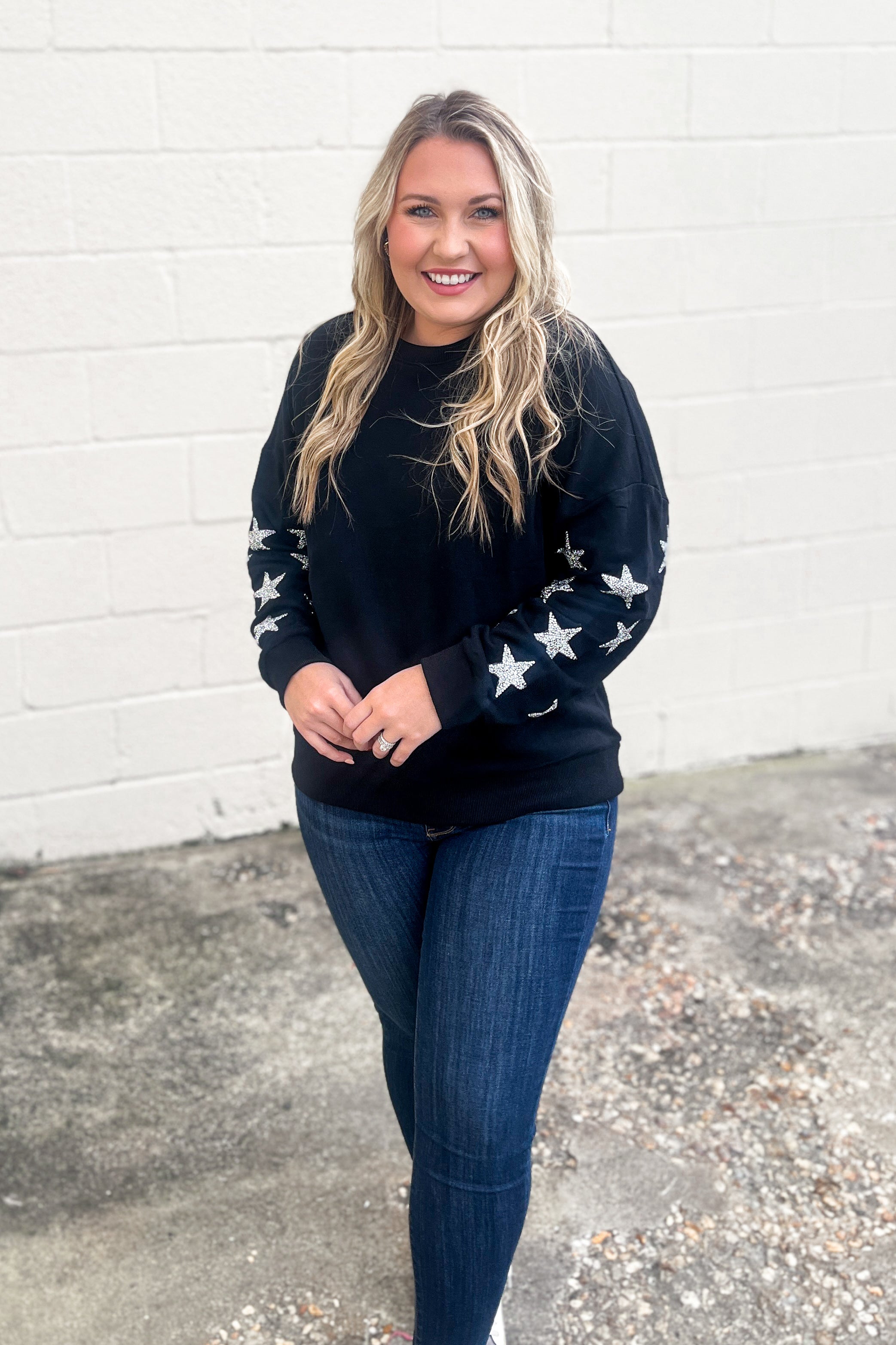 Check On The Stars Pullover Top, Black