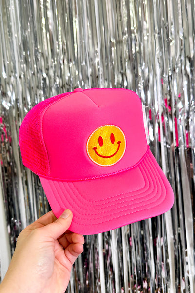 Happy Face Foam Trucker Hat, Hot Pink