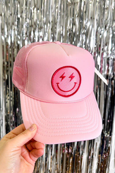 Lightning Happy Face Foam Trucker Hat, Light Pink