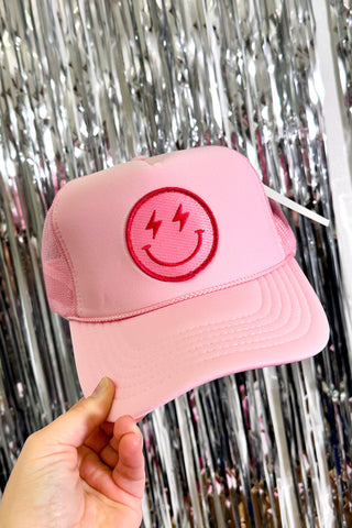 Lightning Happy Face Foam Trucker Hat, Light Pink