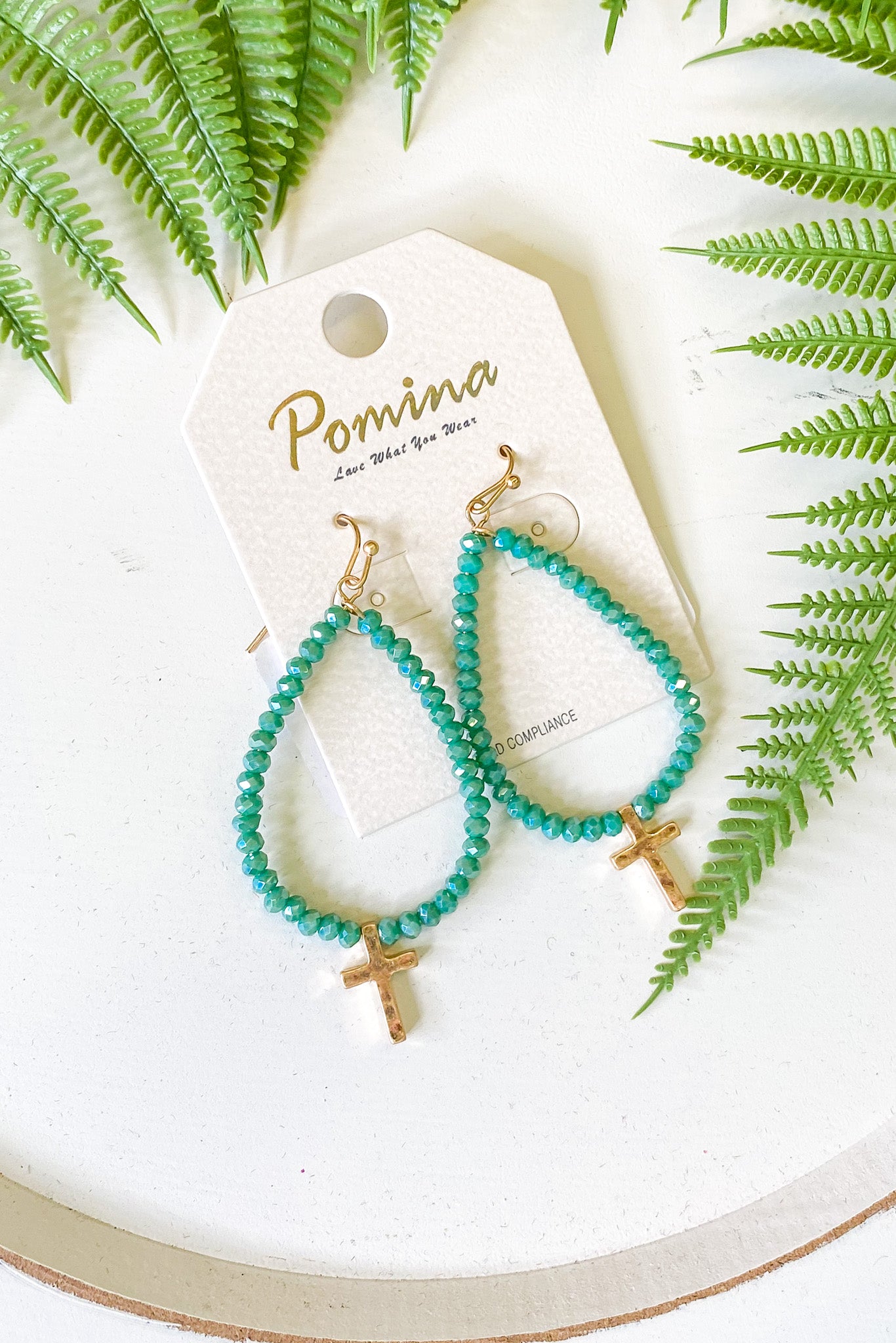 Beaded Teardrop Earrings with Metal Cross Charm, Mint