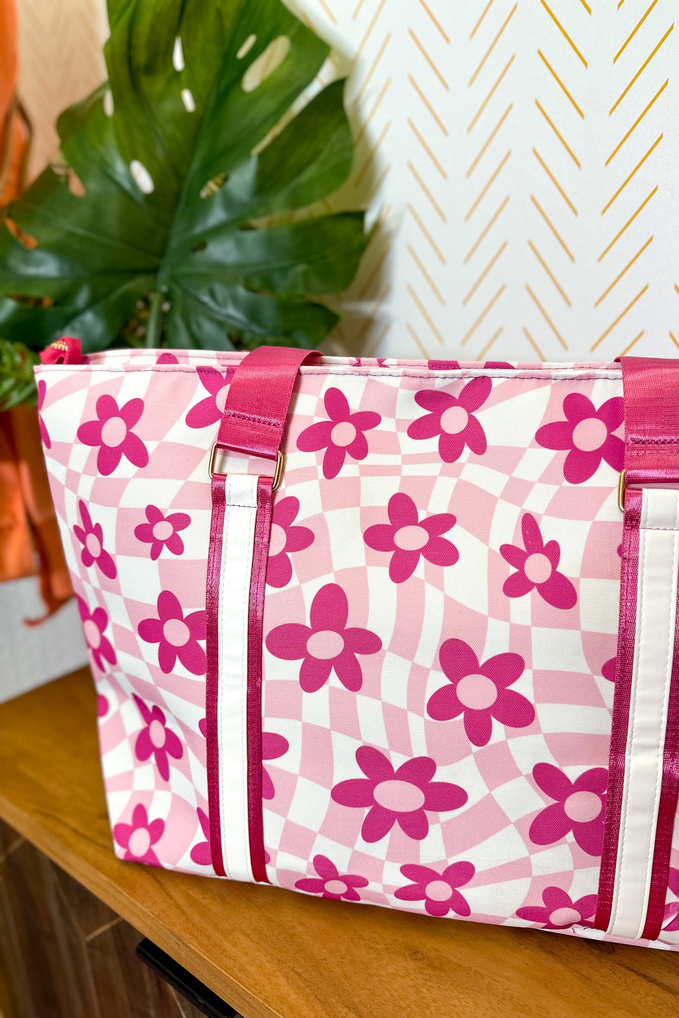 Pink Flowers Checkered Pattern Tote Bag