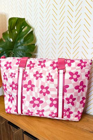 Pink Flowers Checkered Pattern Tote Bag