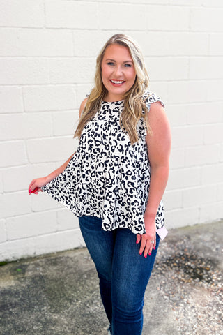 Tiered Leopard Print Top, White/Black