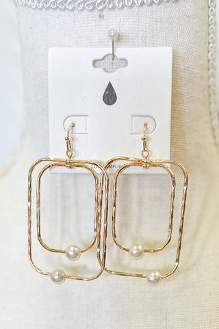 Hammered Metal Rounded Rectangles Drop Earrings, Gold