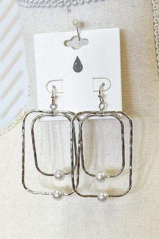 Hammered Metal Rounded Rectangles Drop Earrings, Silver
