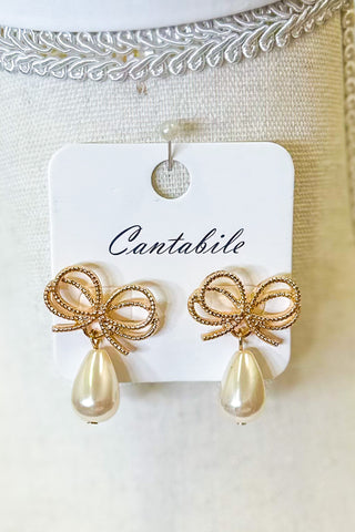 Metal Bow Post Drop Earrings With Pearl Dangles, Gold
