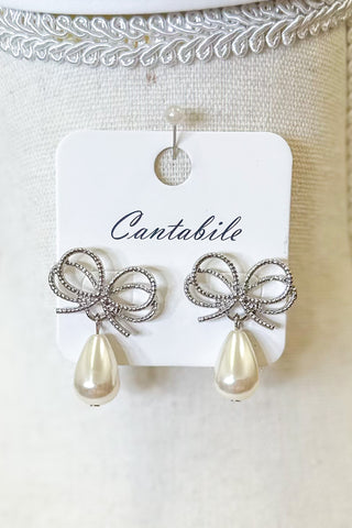 Metal Bow Post Drop Earrings With Pearl Dangles, Silver