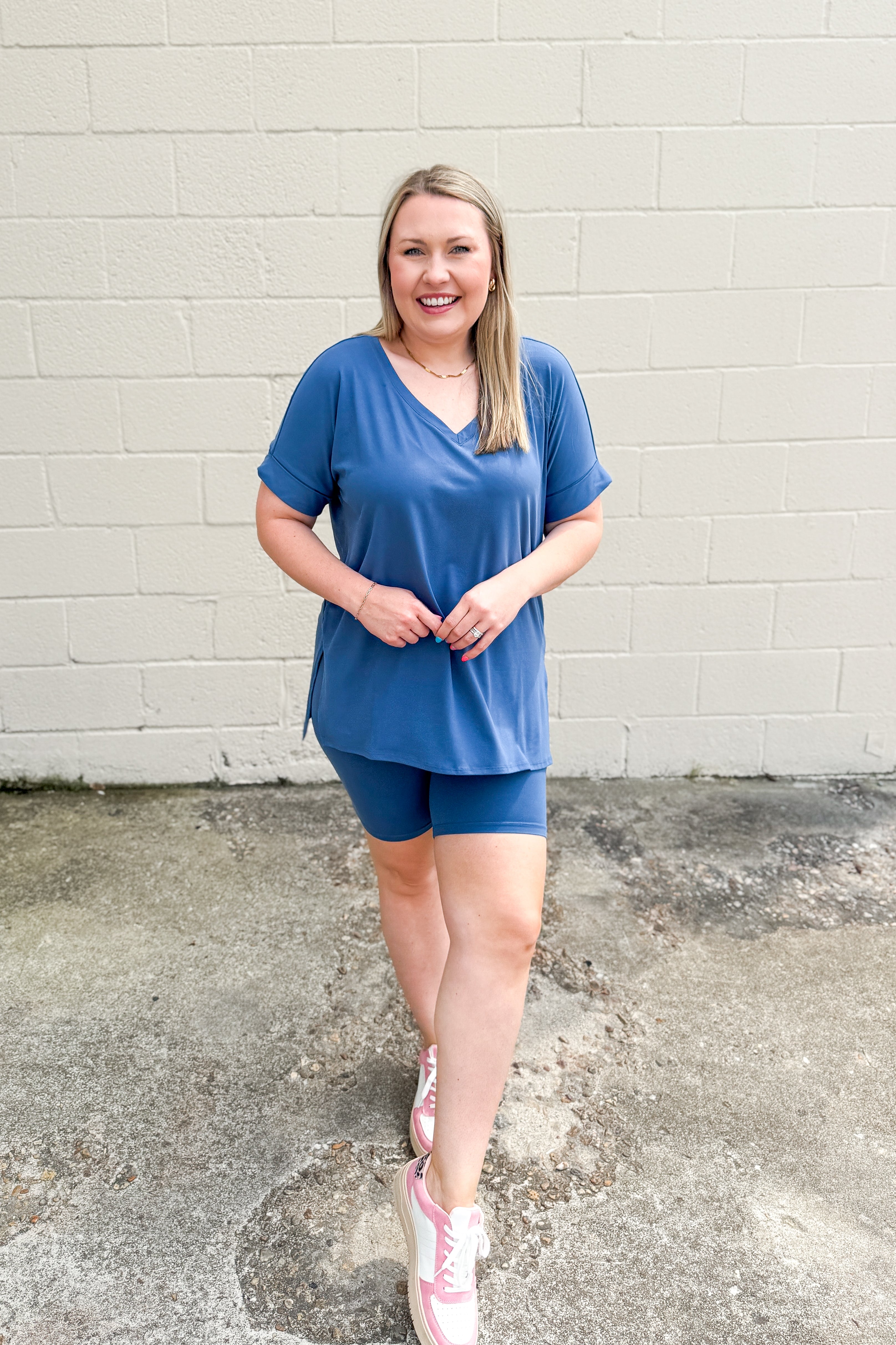 Gotta Get Going Biker Short Set, Dusty Blue