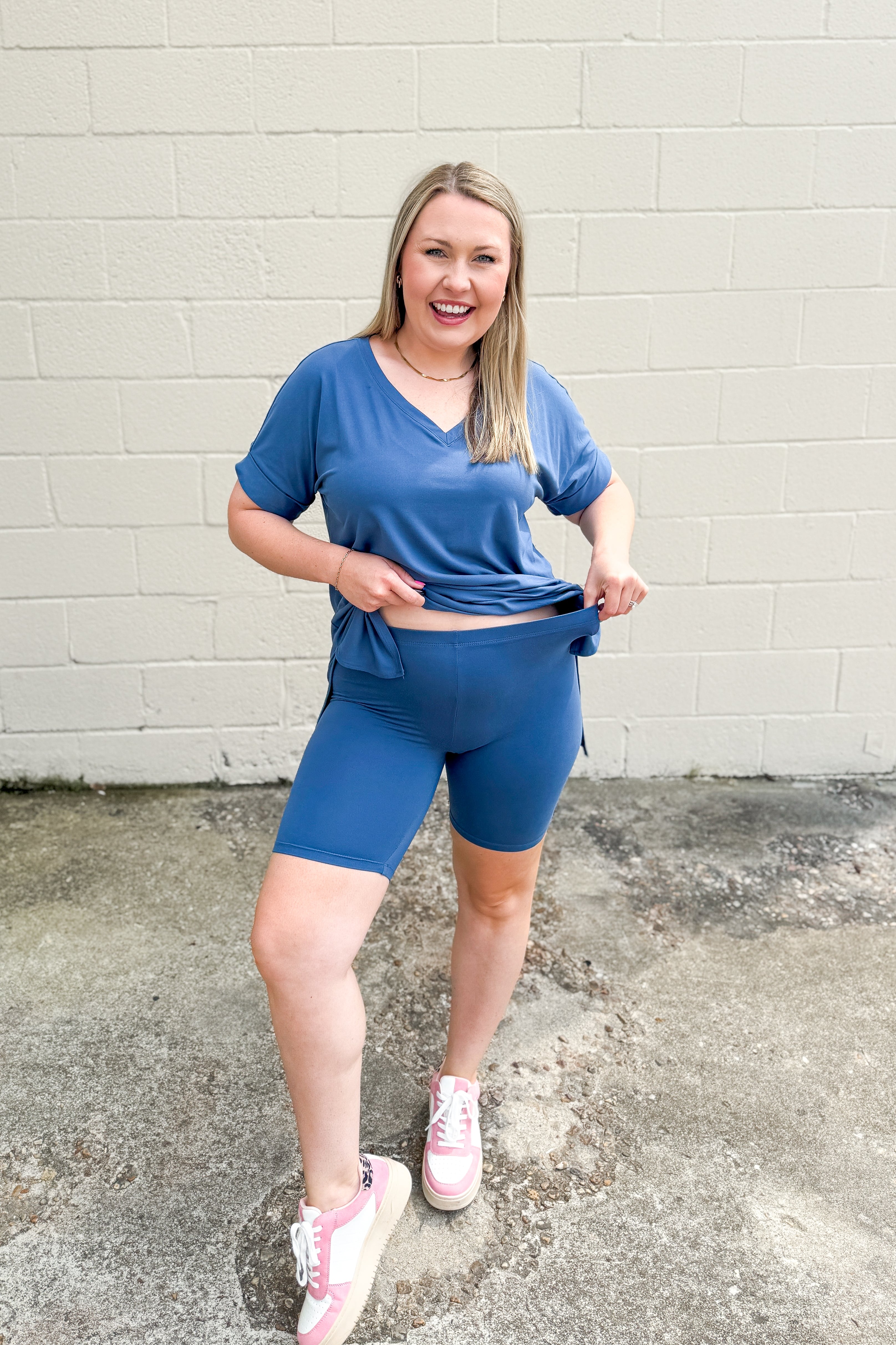 Gotta Get Going Biker Short Set, Dusty Blue