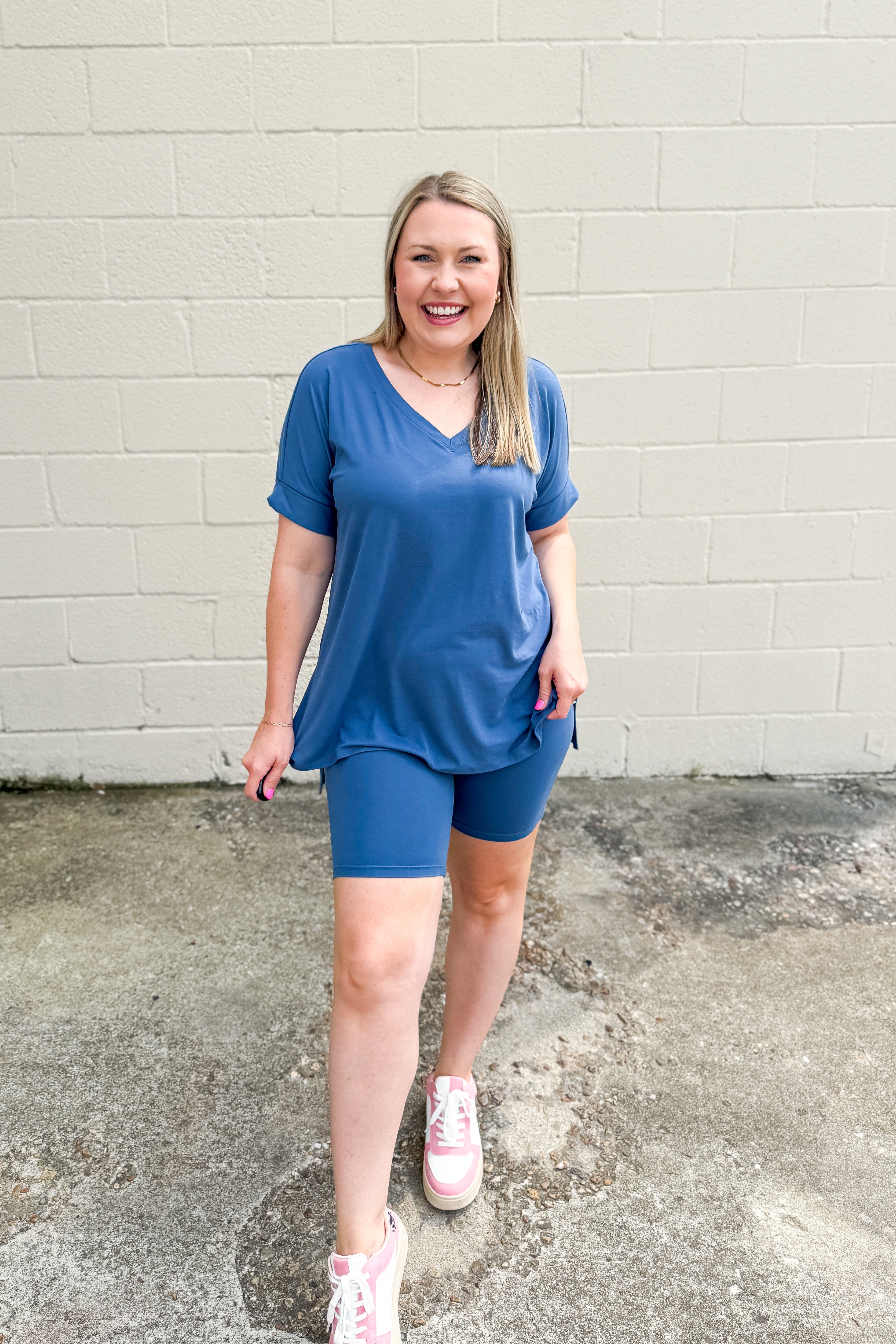 Gotta Get Going Biker Short Set, Dusty Blue