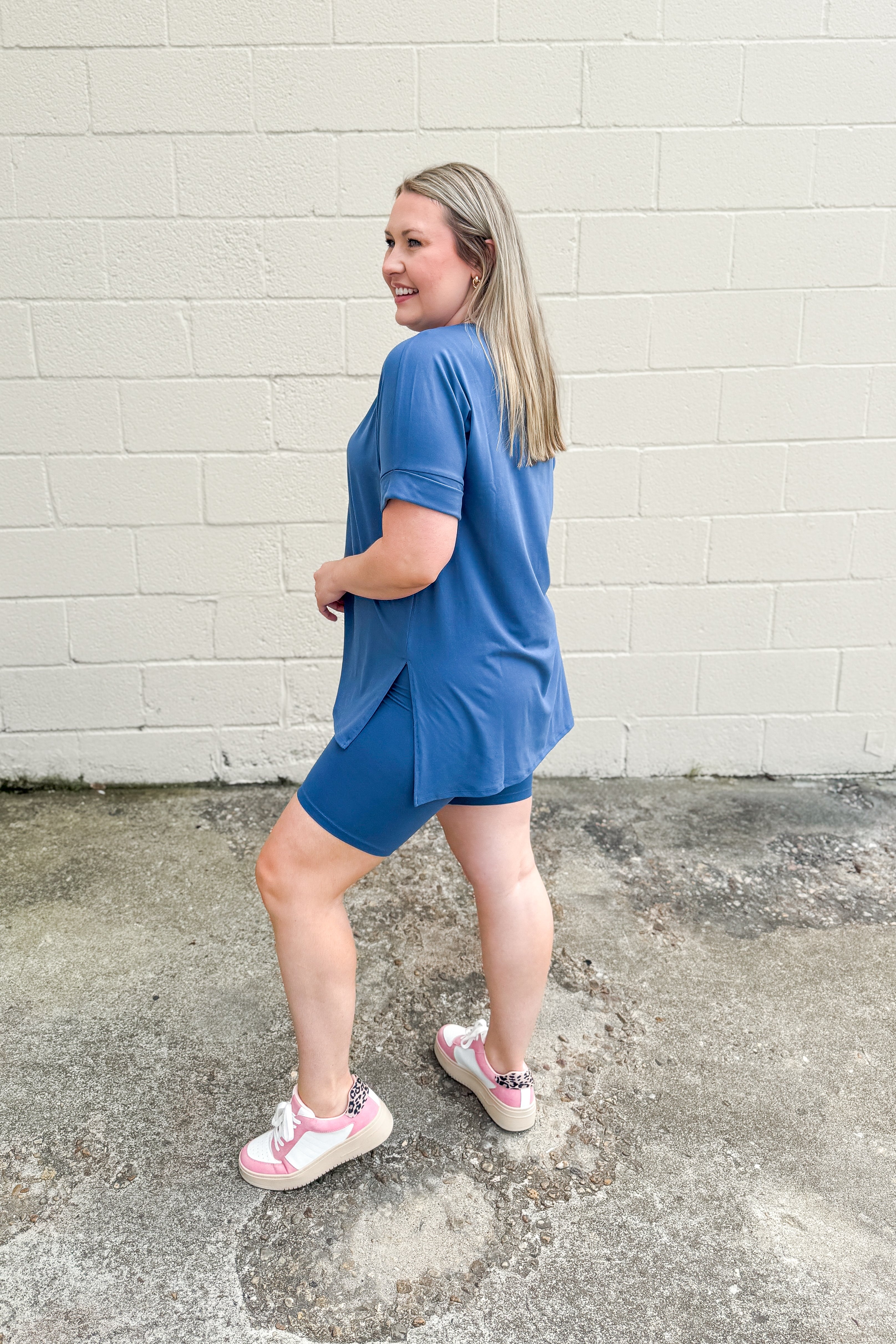 Gotta Get Going Biker Short Set, Dusty Blue