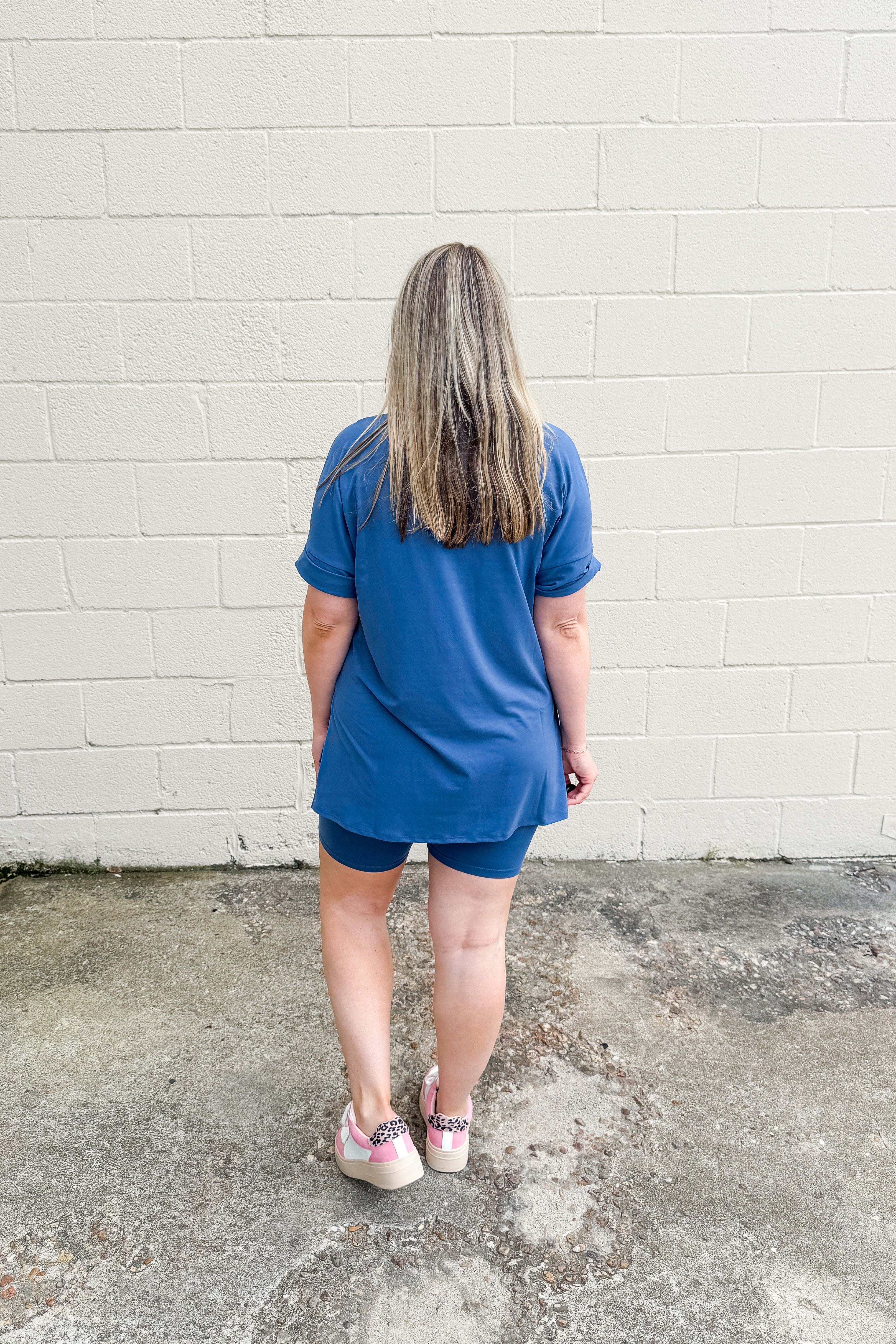Gotta Get Going Biker Short Set, Dusty Blue