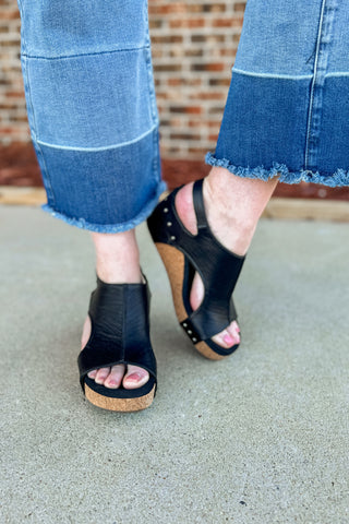 Corky Carley Wedge Sandals, Black Smooth