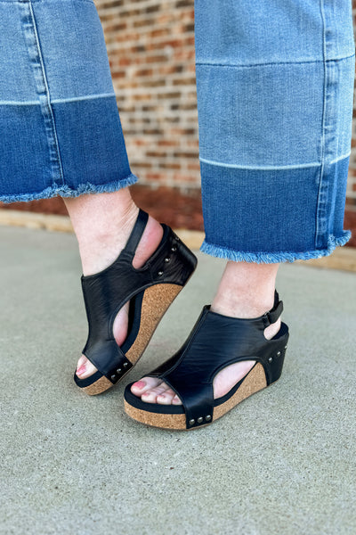 Corky Carley Wedge Sandals, Black Smooth