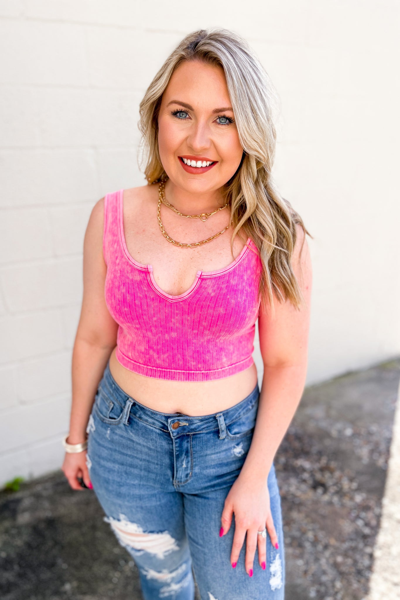 Steph Ribbed Cropped Tank Top, Hot Pink
