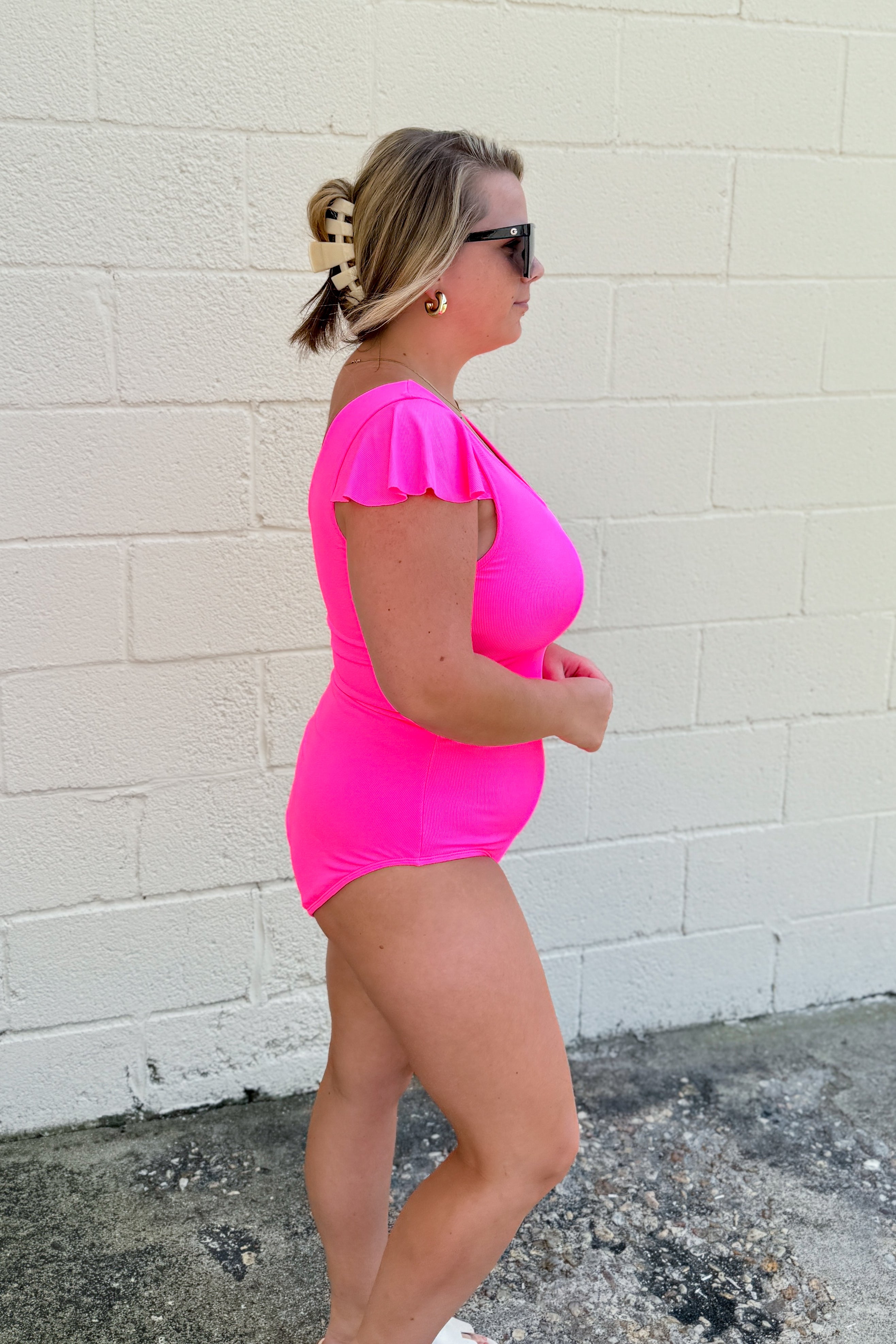 Beachside Bliss Ribbed One-piece Swimsuit, Neon Pink