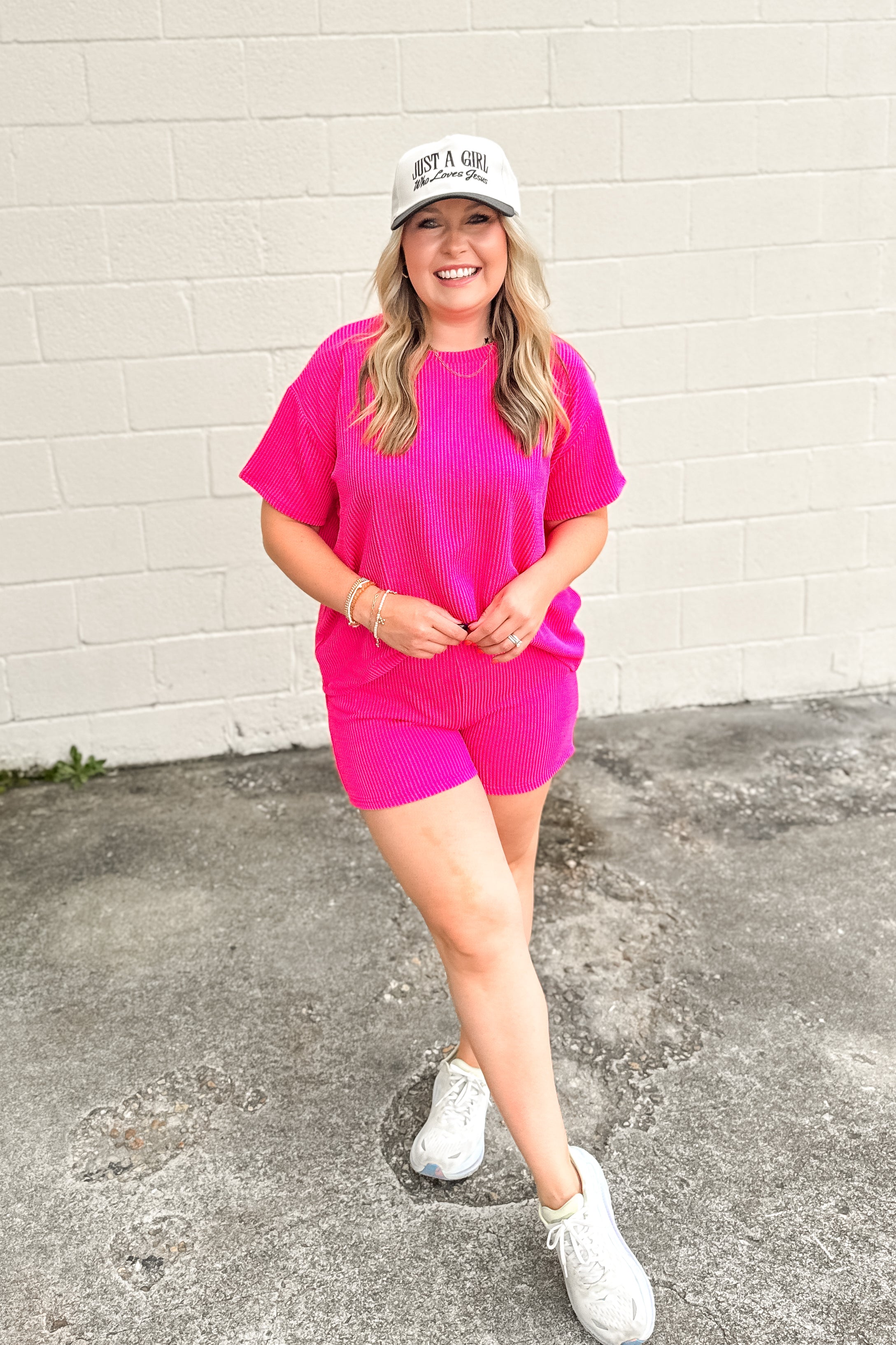 Cleo Ribbed Set, Neon Pink