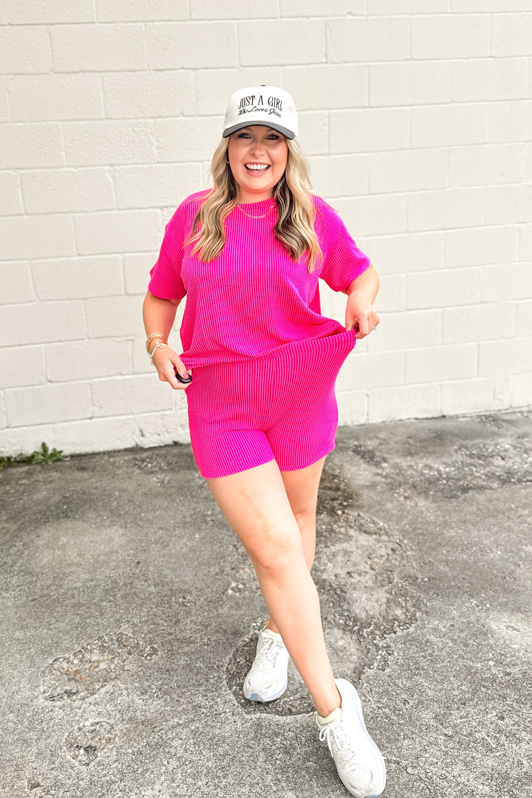 Cleo Ribbed Set, Neon Pink