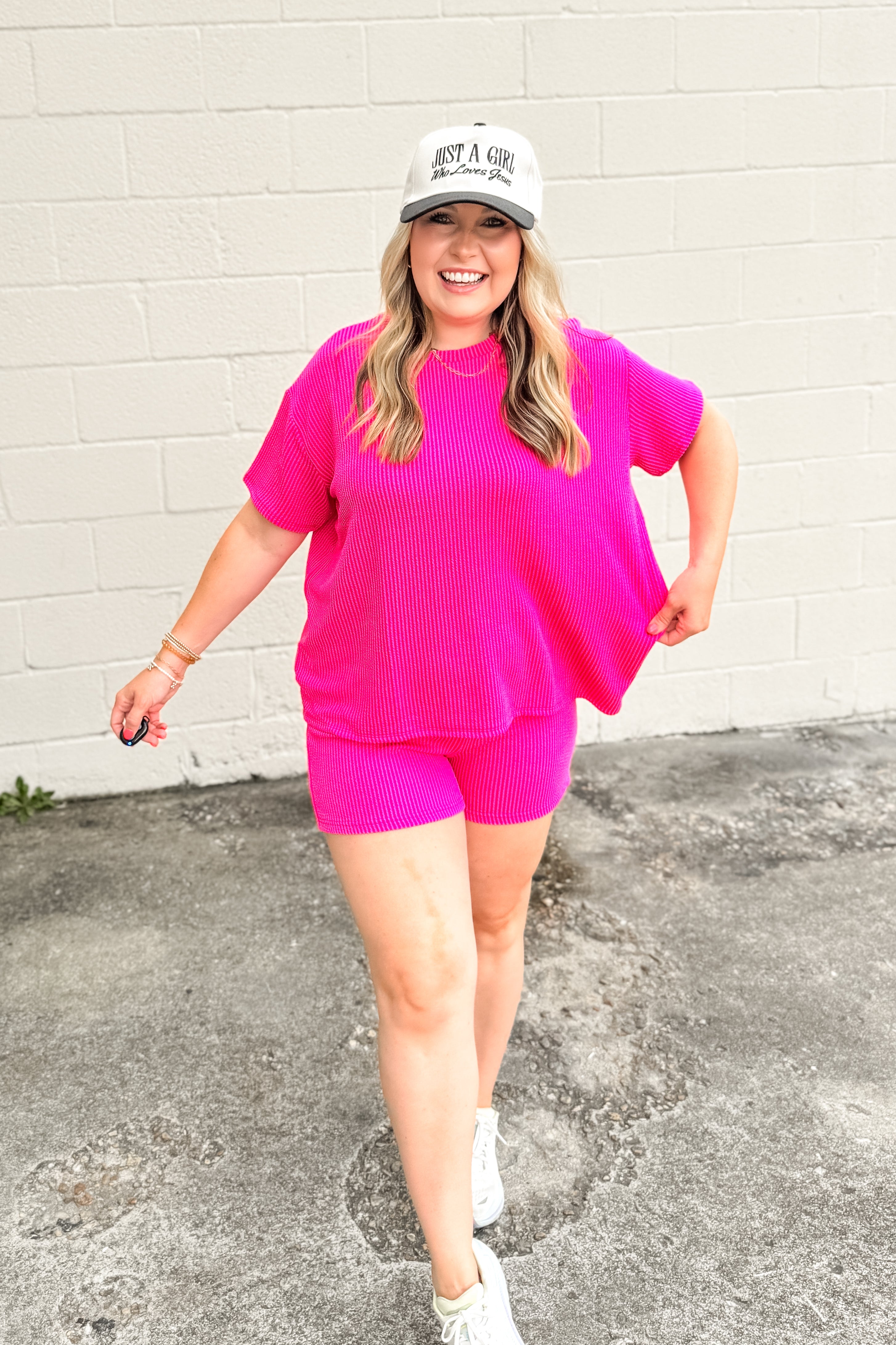 Cleo Ribbed Set, Neon Pink