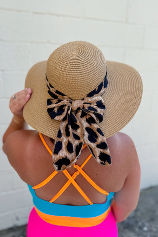 Straw Wide Brim Hat with Animal Print Ribbon