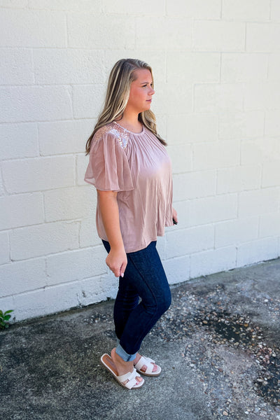 Earthy Edge Sequin Top, Taupe