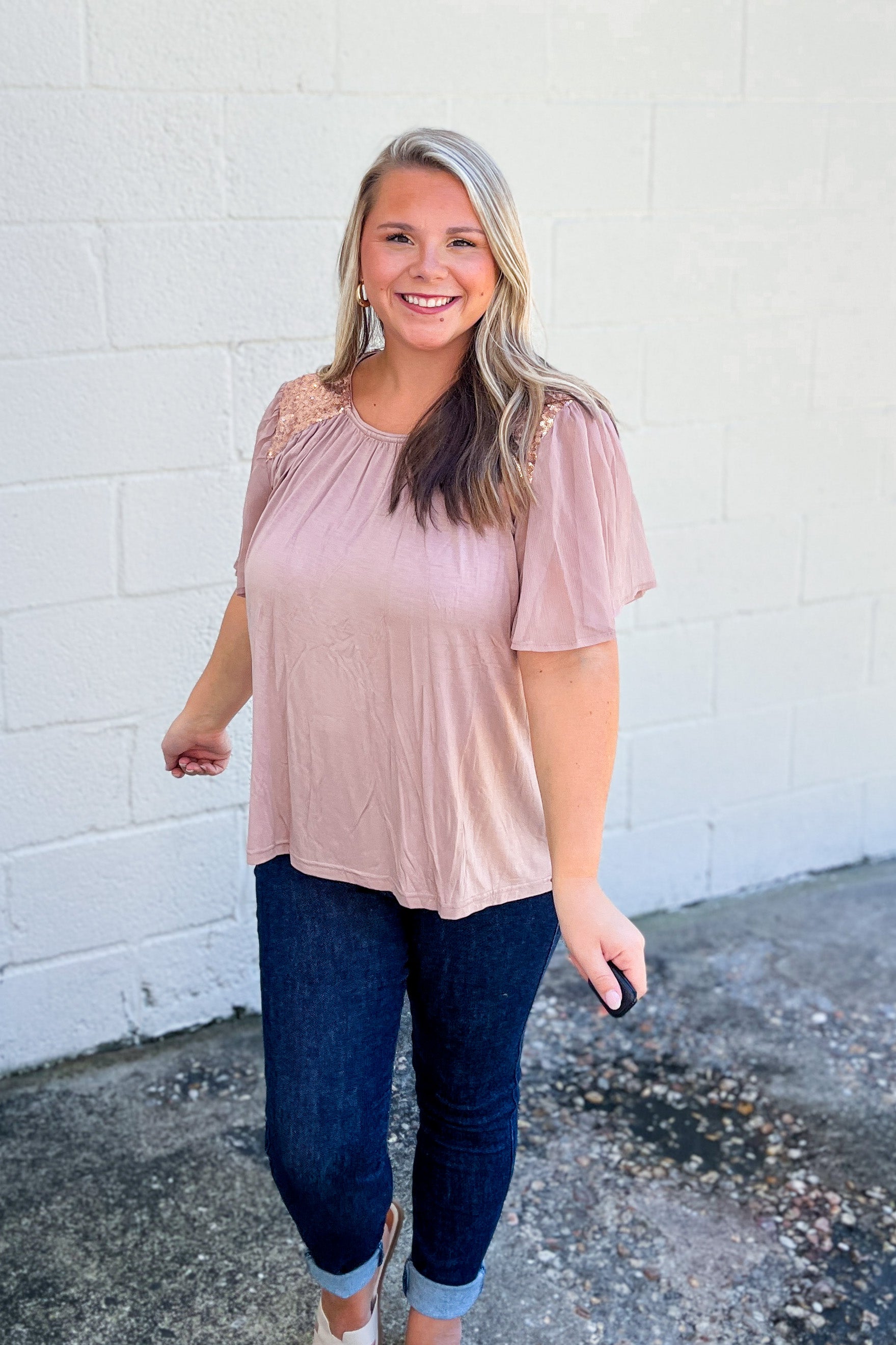 Earthy Edge Sequin Top, Taupe