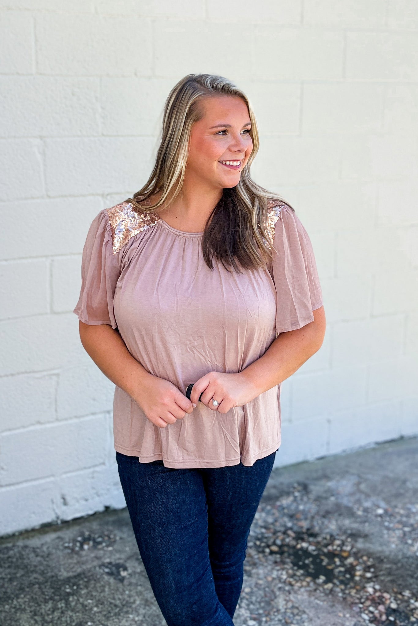 Earthy Edge Sequin Top, Taupe