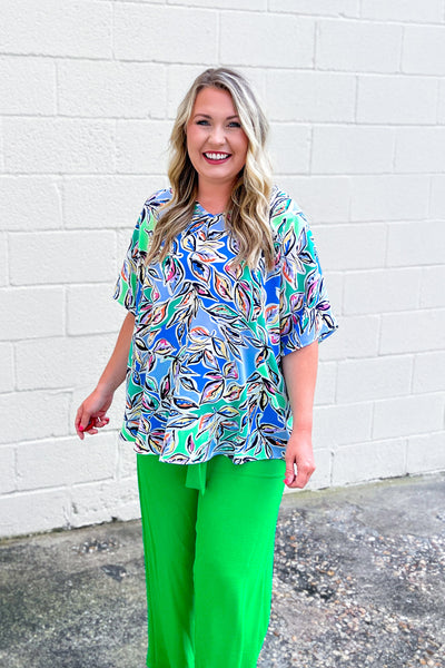 Leaves of Summer Oversized Top, Blue Multi Mix