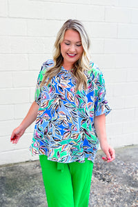 Leaves of Summer Oversized Top, Blue Multi Mix