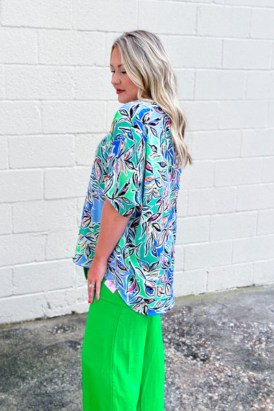 Leaves of Summer Oversized Top, Blue Multi Mix