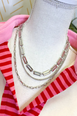 3 Layered Multi Chain Mix Necklace, Silver
