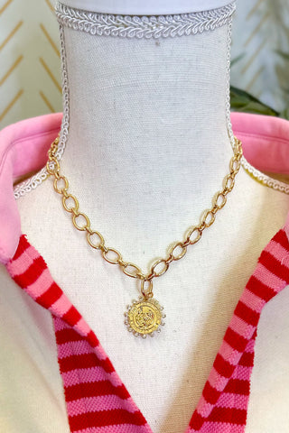 Dotted Coin Pendant Oval Chain Necklace, Gold