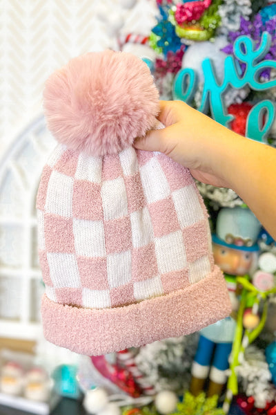 Plush Checkerboard Beanie with Pom, Pink
