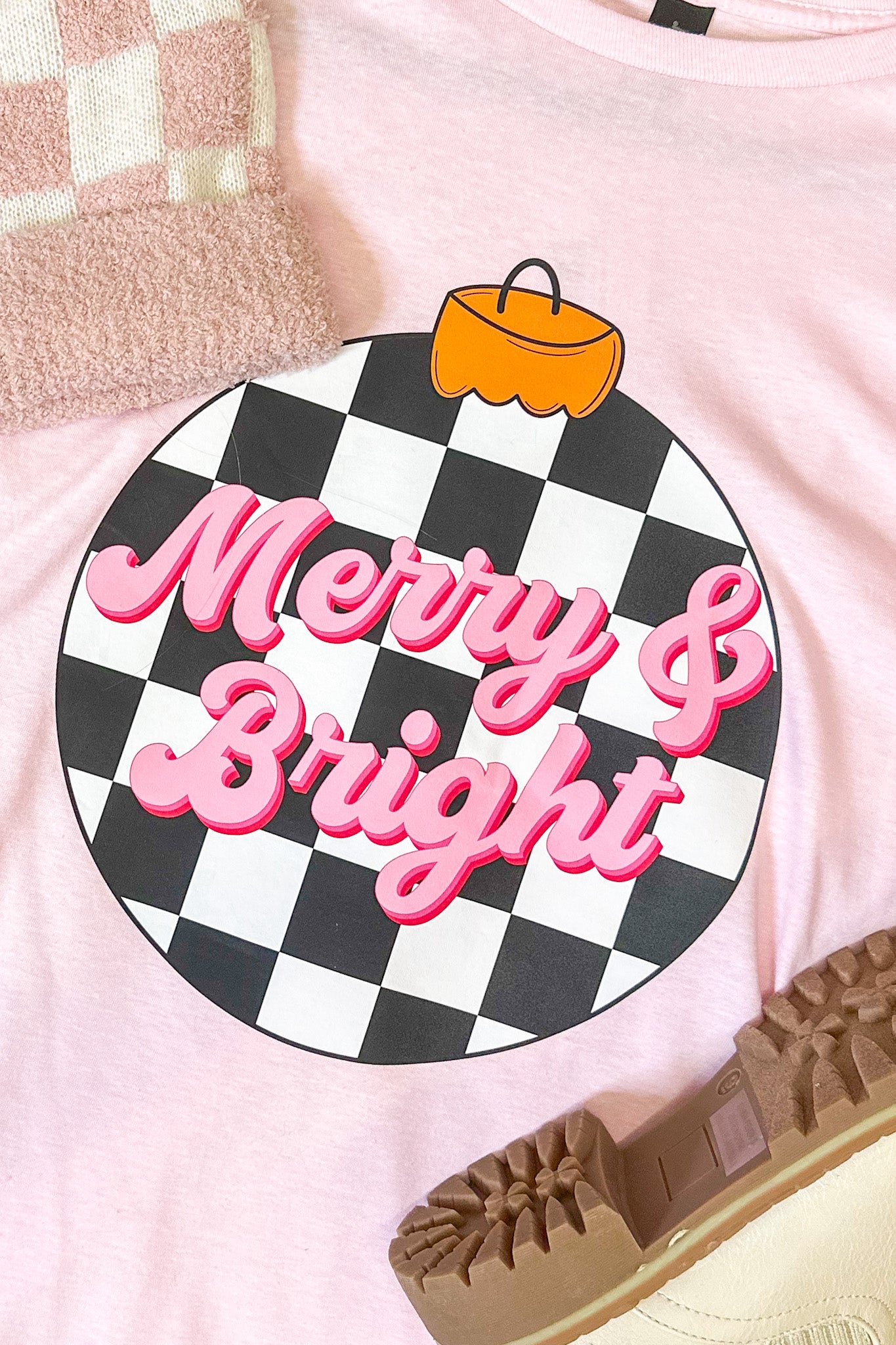 Merry & Bright Checker Graphic Tee, Light Pink