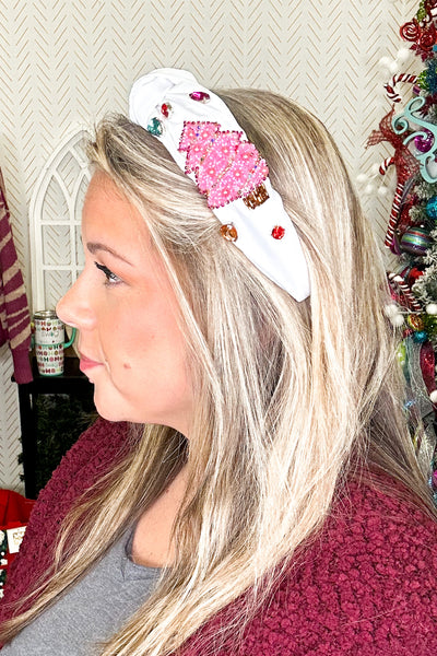 Christmas Tree Beaded Headband, White