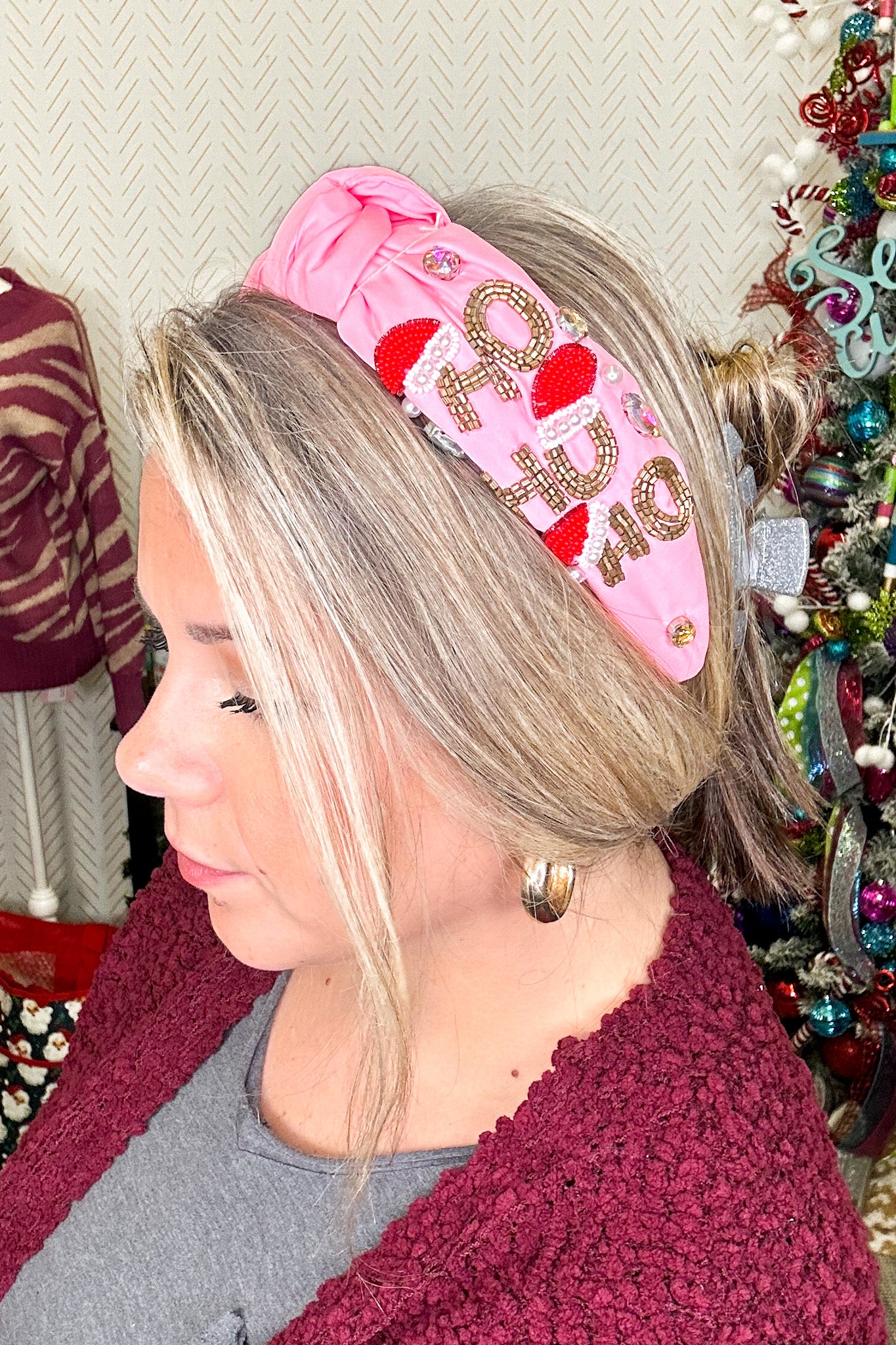 Ho Ho Ho Santa Hat Beaded Headband, Pink