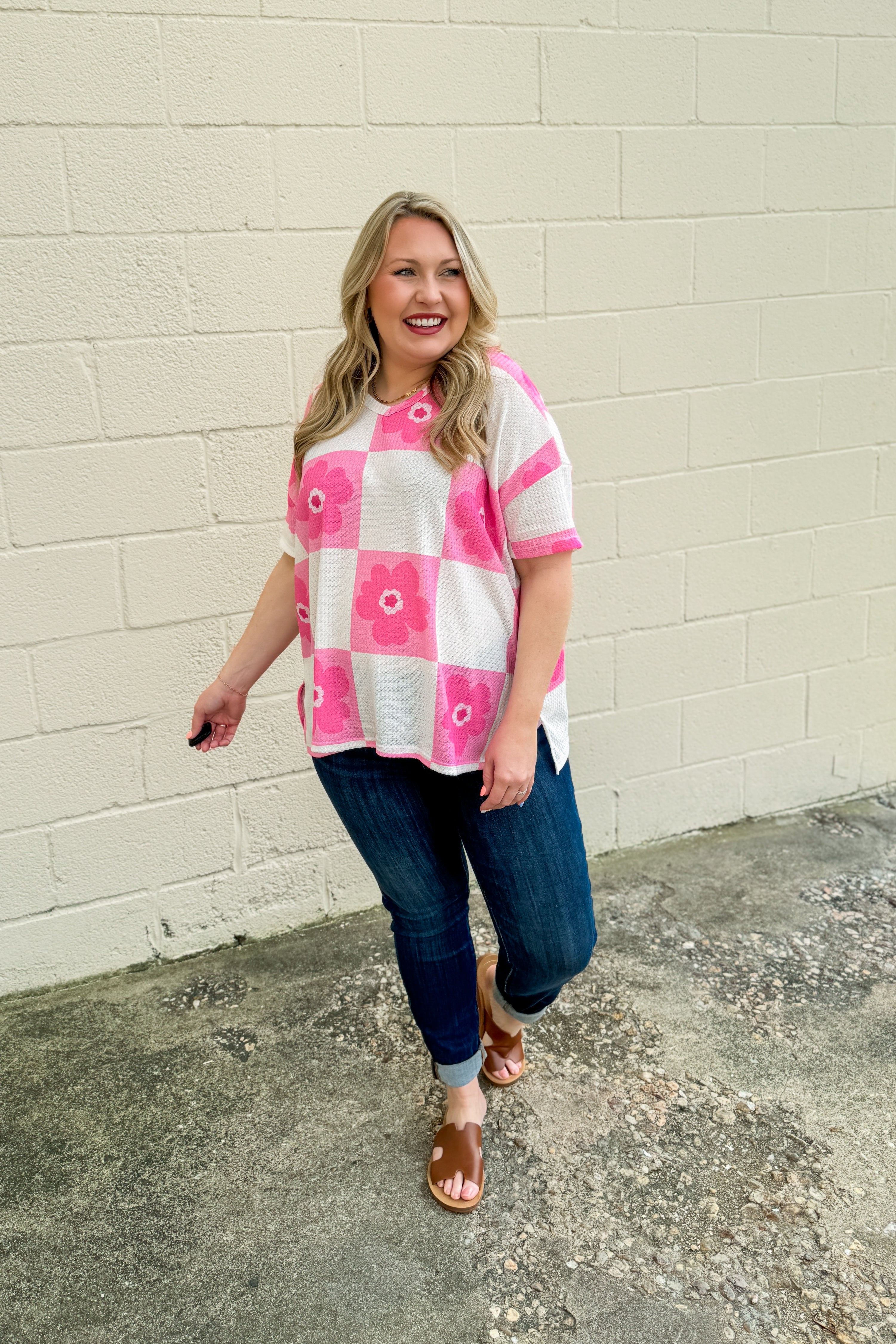 Oops-A-Daisy Checker Top, Pink