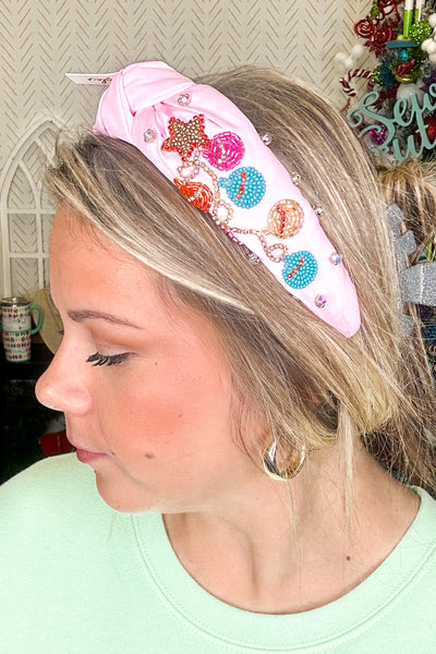 Christmas Ornament Beaded Headband, Pink