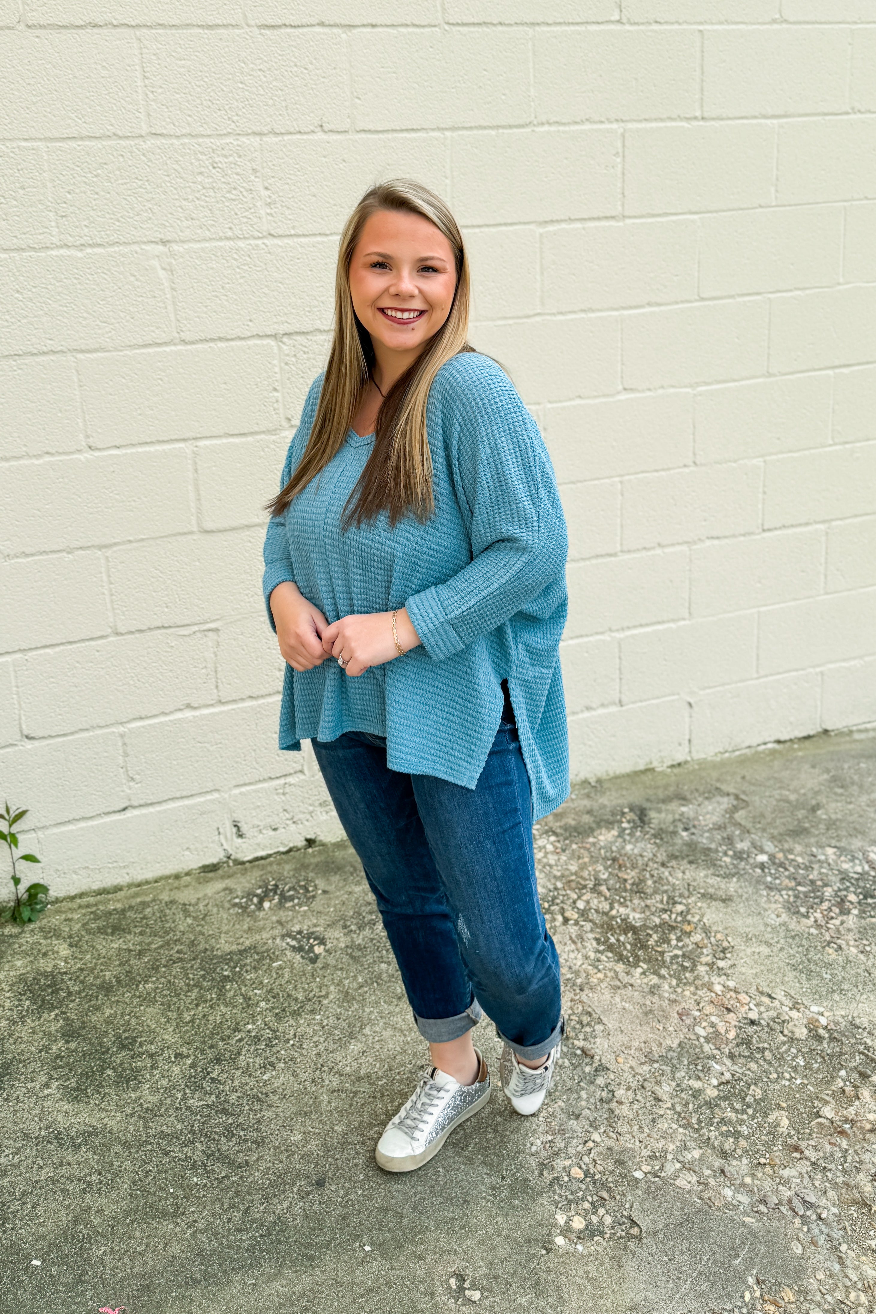 Kylan Waffle Knit Top, Dusty Teal