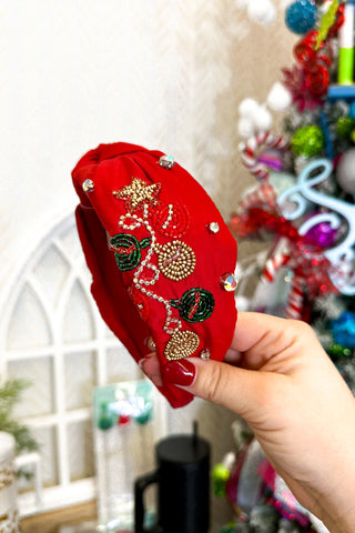 Christmas Ornament Beaded Headband, Red