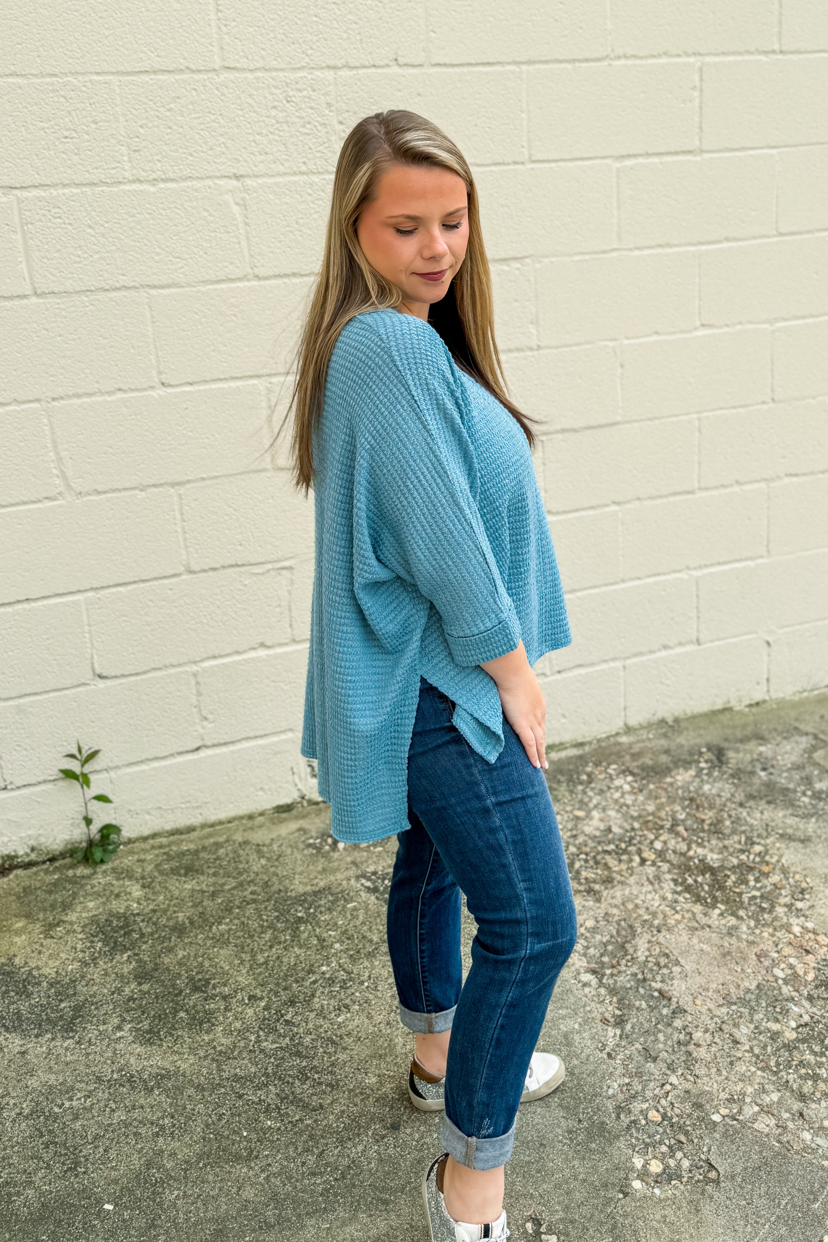 Kylan Waffle Knit Top, Dusty Teal