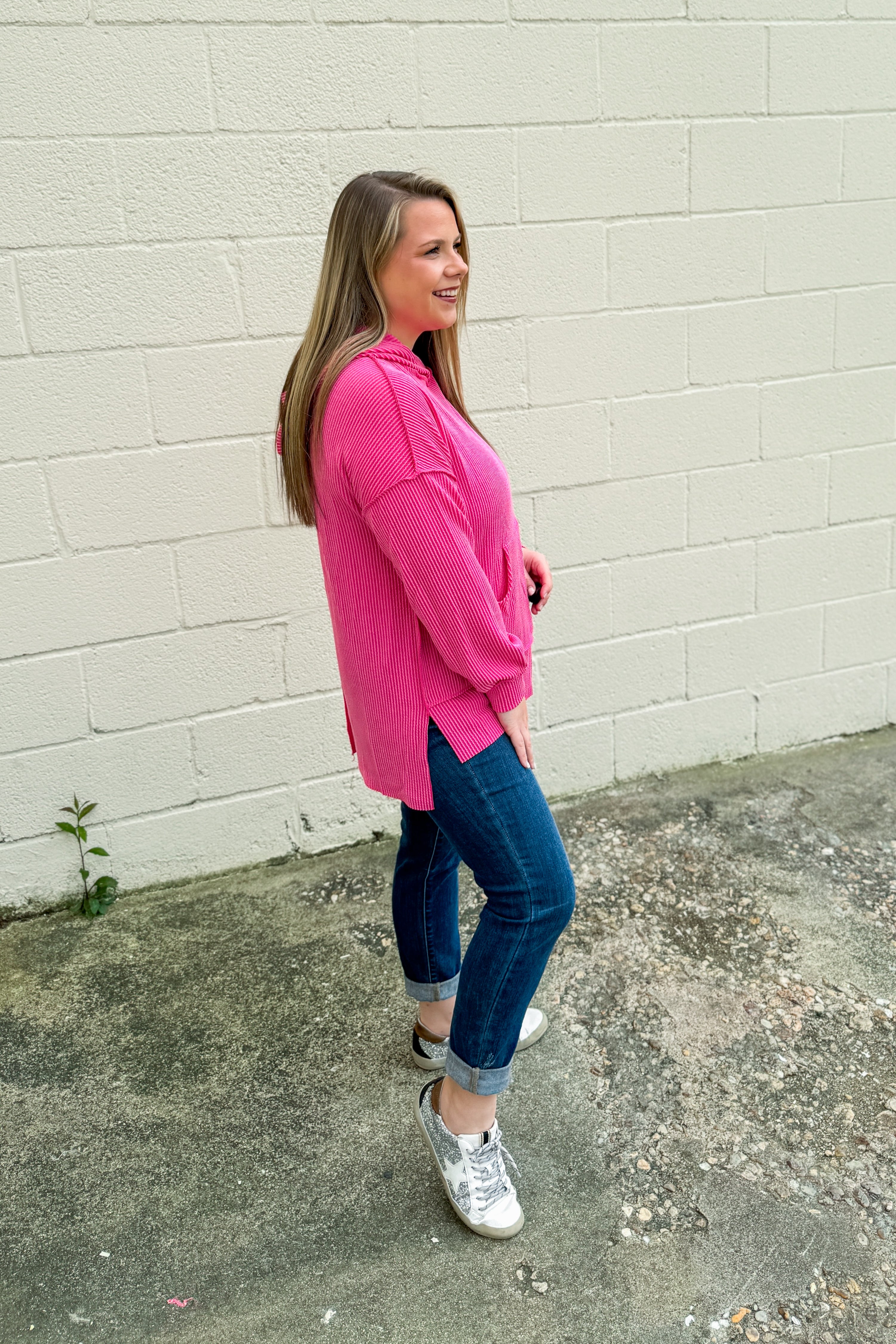 RESTOCK | Headed Home Ribbed Hoodie Top, Fuchsia