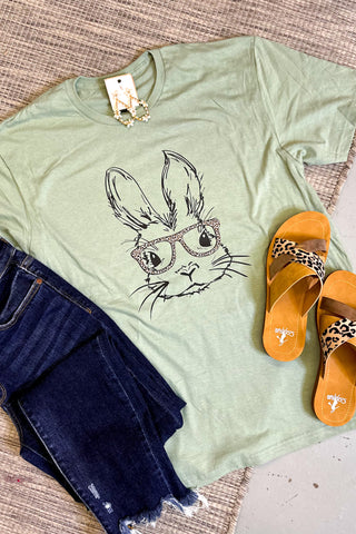 Bunny Leopard Glasses Graphic Tee, Sage